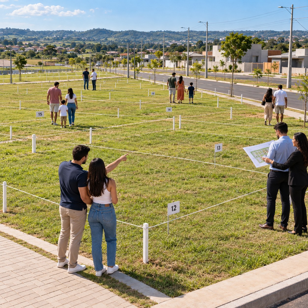 Famílias visitando lotes demarcados em um loteamento urbano