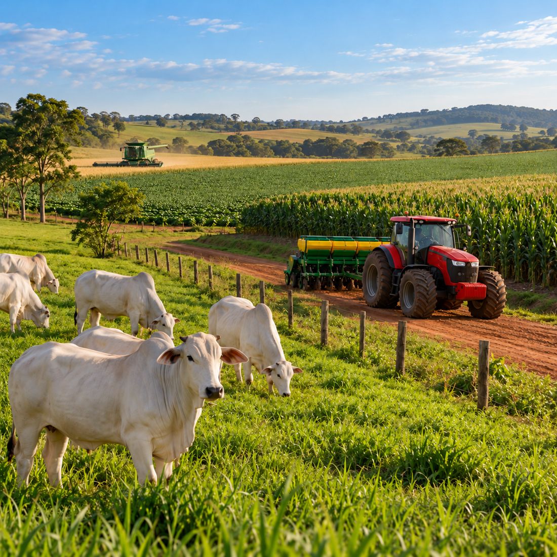 Gado, trator vermelho sem marca e lavouras em paisagem rural brasileira