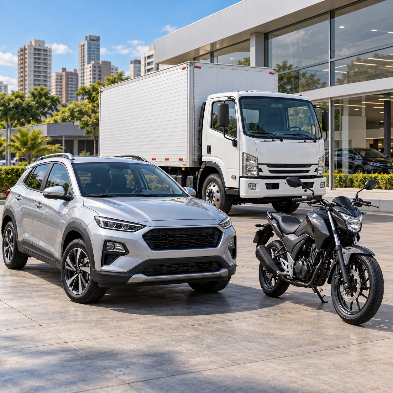 Carro, moto e caminhão em frente a uma concessionária urbana