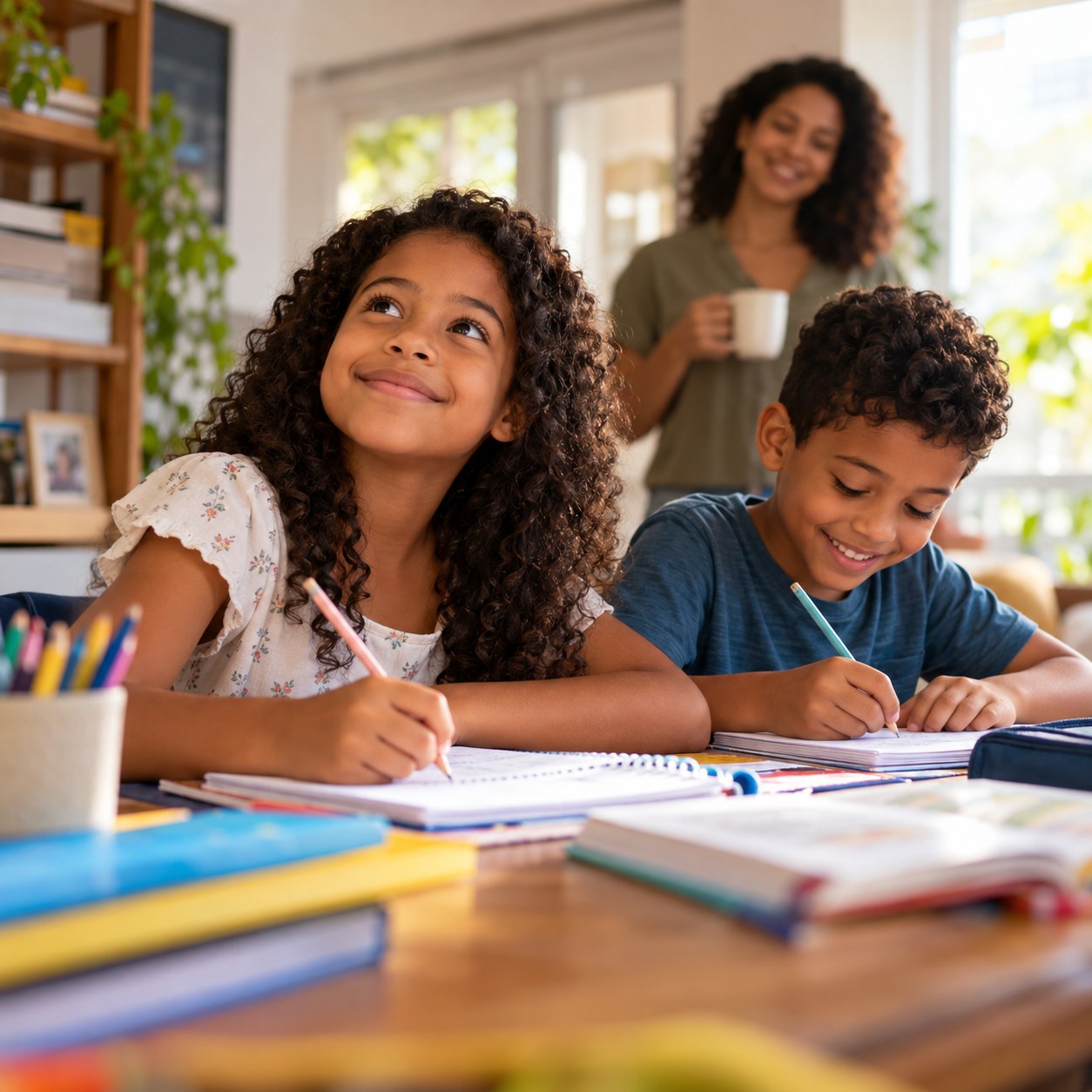 Crianças estudando em casa com a mãe ao fundo